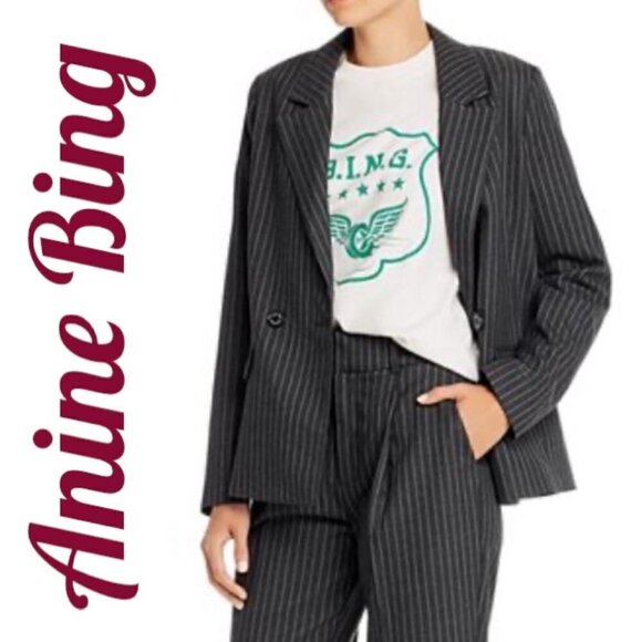ANINE BING Becky Gray Pinstriped Blazer Double Breasted Menswear, Size 6 - Picture 7 of 15
